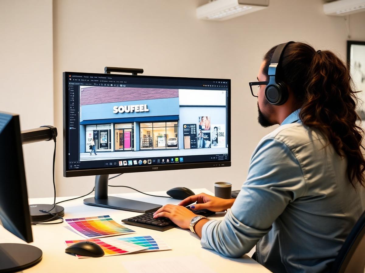 Vitrin ve tabela tasarımı hazırlayan grafik tasarımcı